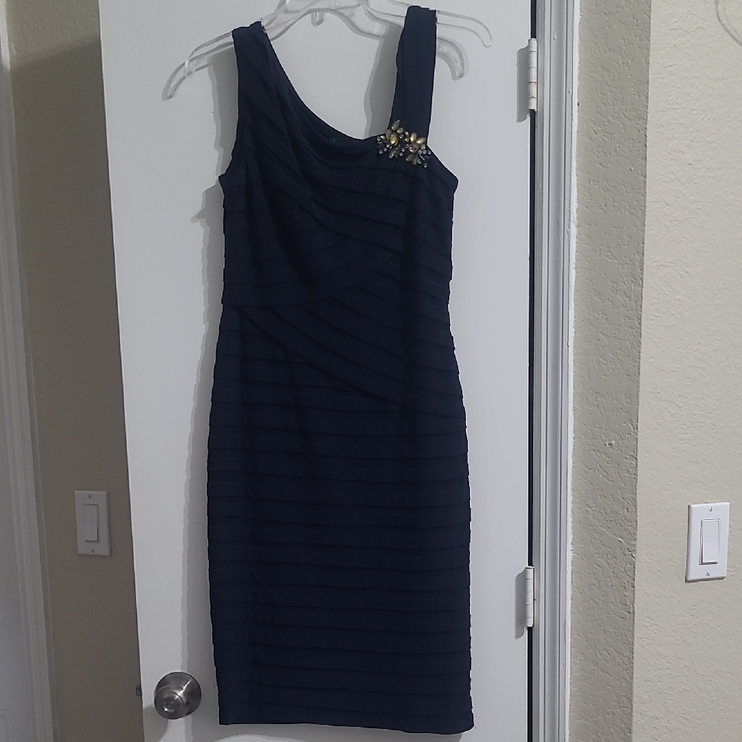 Xscape One Shoulder Navy Dress With Embellishment